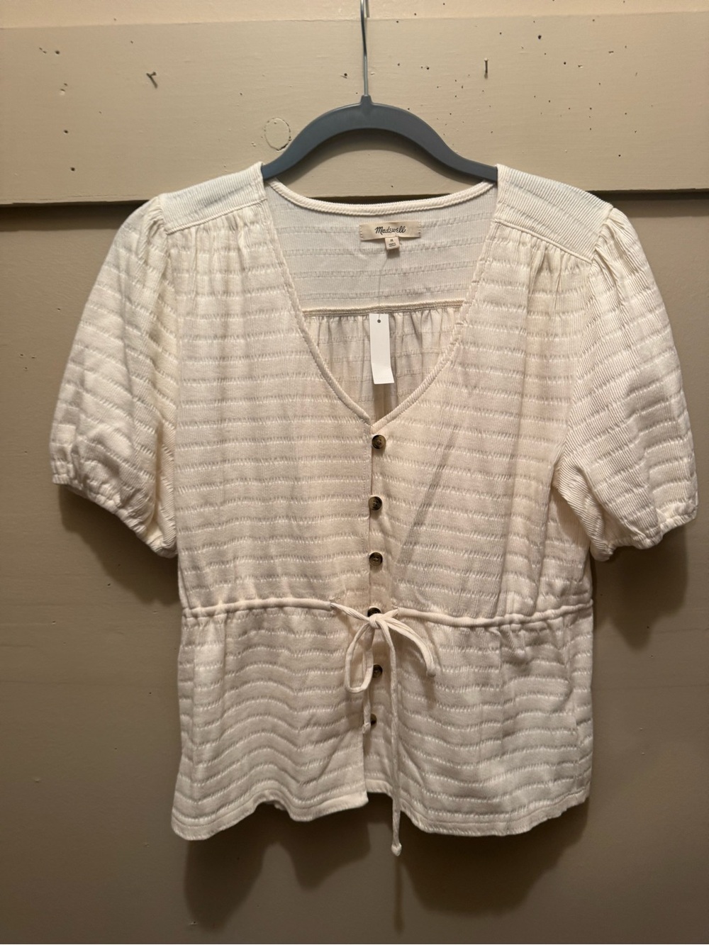Madewell Cream Button-Front Tie-Waist Puff Sleeve Top